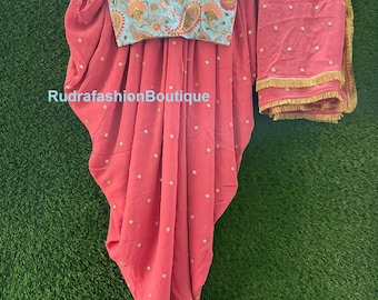 Conjunto de pantalón Dhoti color melocotón: top corto indo-occidental y dupatta