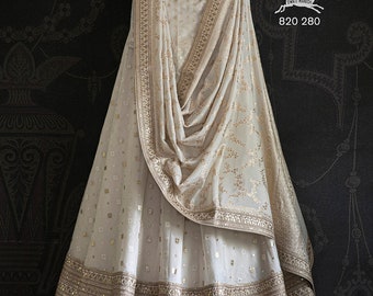 Cream Lehenga Choli with Dupatta: Indian Designer Sequence Party Wear