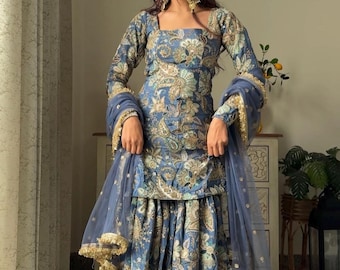 Abito Sharara ricamato con paillettes: abito da sposa indiano in georgette