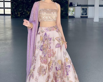 Designer Lehenga Choli with Dupatta - Indian Party, Bridal Wear,Organza Floral Lehnga,Lovender Lehenga