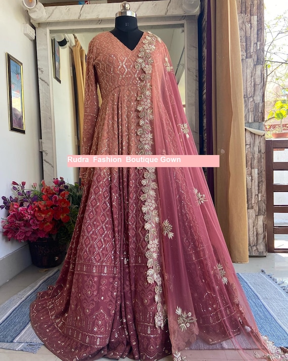 Peach Indian Bridal Anarkali Wedding Gown In Net SFZ127848 – Siya Fashions