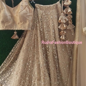 Wedding Party wear Indian Designer Golden Lehenga choli Dupatta for girls and women custom Stiched Lengha blouse Embroidered thread sari
