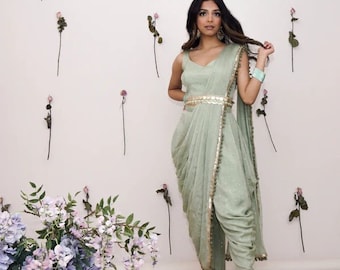 Pastel Crop Top with Dhoti Pants and Attached Dupatta Set for women Indo Western dress Party wear Indian Dress Dhoti saree set Designer sari