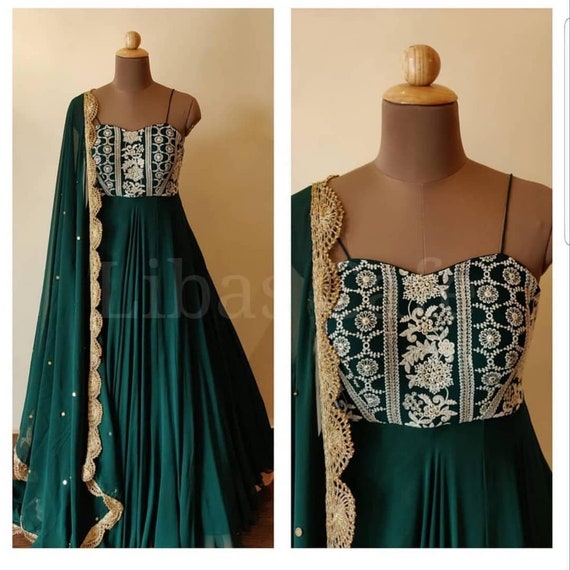 Buy Satin Taffeta Full Stitched Gown –Dark Green Color with Design Pattern  and Fully Stitched at Amazon.in