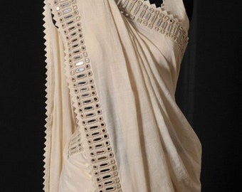 Handmade Ivory Cotton Saree: Indian Wedding Sari with Real Mirror Work