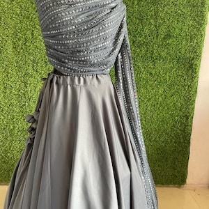 Gray Chikankari Lehenga Choli: Silk Indian Dress with Gold Trims