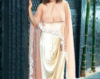Blush Crop Top with Dhoti Pants and Attached Dupatta Set for women Indo Western dress Party wear Indian Dress Dhoti saree set Designer sari