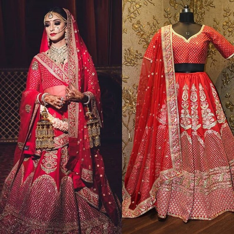 Red Lehnga Choli Dupatta Wedding Wear Traditional Skirt Top Indian Dress Custom measure Lehenga For Women /& Girls Lenga for women Chania 1