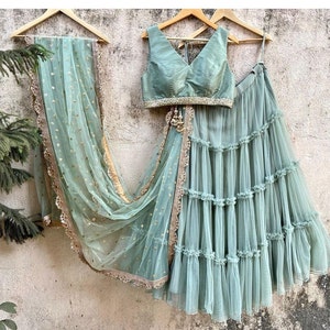 Sky Blue Ruffle Lehenga Choli: Indian Wedding Bridesmaid Dress
