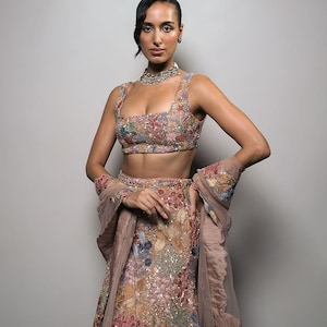 Puede incluir: Una mujer con un atuendo tradicional indio. El conjunto incluye un top corto y una falda bordados con motivos florales, con una chal a juego. El atuendo está adornado con lentejuelas y detalles intrincados. Un collar gargantilla plateado completa el look.