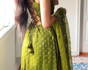 Green Embroidered Georgette Sharara Set: Indian Partywear Dress