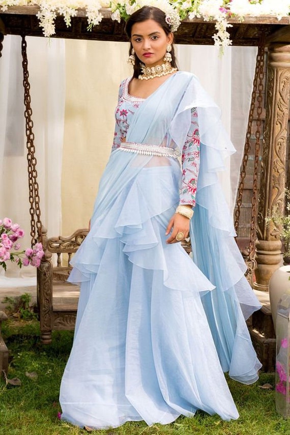 Indian Dress Vestiti Saree Indian Floral Organza Frill Saree With