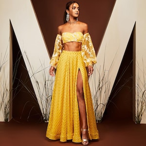 Yellow Designer Slit Skirt Slim lehenga for women in USA function wear lengha for girls Custom Stiched Dresses Plus Size party wear dress 1