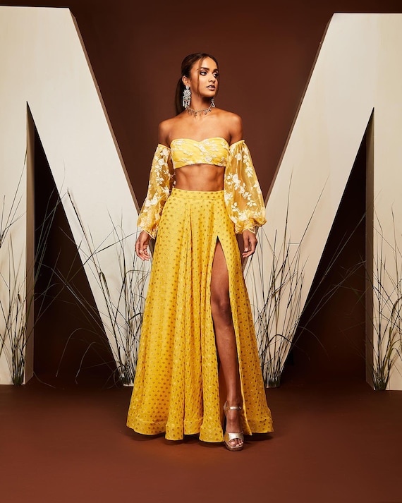 Yellow Designer Slit Skirt Slim lehenga for women in USA function wear lengha for girls Custom Stiched Dresses Plus Size party wear dress 1