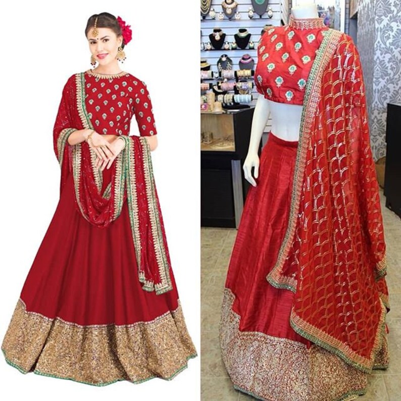 Red Lehnga Choli Dupatta Wedding Wear Traditional Skirt Top Indian Dress Custom measure Lehenga For Women /& Girls Lenga for women Chania 1