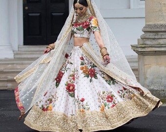Silk White Embroidered Lehenga Choli 