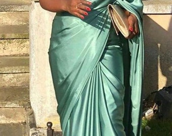 Satin Silk Saree: Solid Bridesmaid Wedding Sari with Blouse Fabric