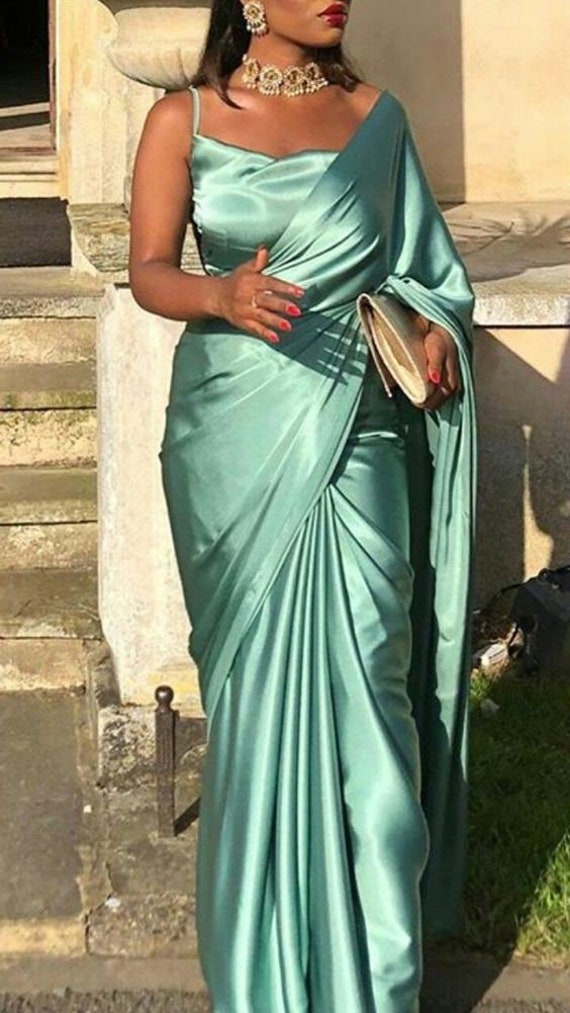 Buy Solid Plain Pure Satin Silk Designer Saree With Readymade Blouse Fabric  Dress Material Bridesmaid Wedding Party Wear Sari Choli Blouse 1 Online in  India 