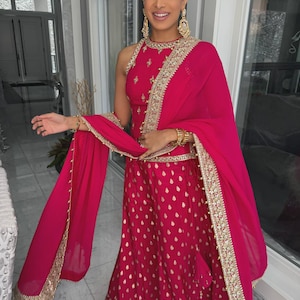 Sequin Embroidered Georgette Sharara Suit: Pakistani Indian Wedding Wear