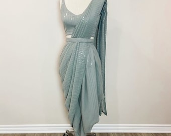 Gray Crop Top with Dhoti Pants and Attached Dupatta Set for women Indo Western dress Party wear Indian Dress Dhoti saree set Designer sari 1