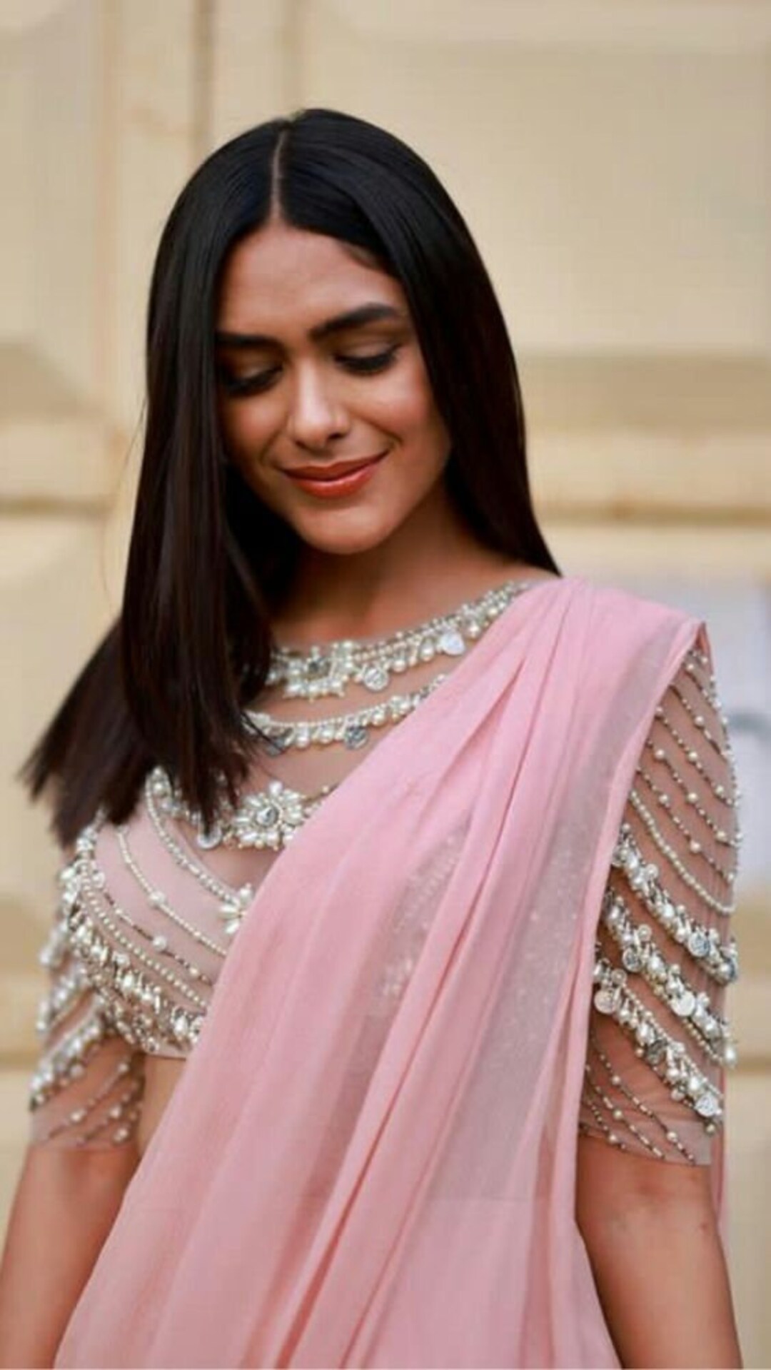 Burnt Pink Pre-stitched Dunagree Saree With Geometric Beadwork And Beaded Corset main image 0