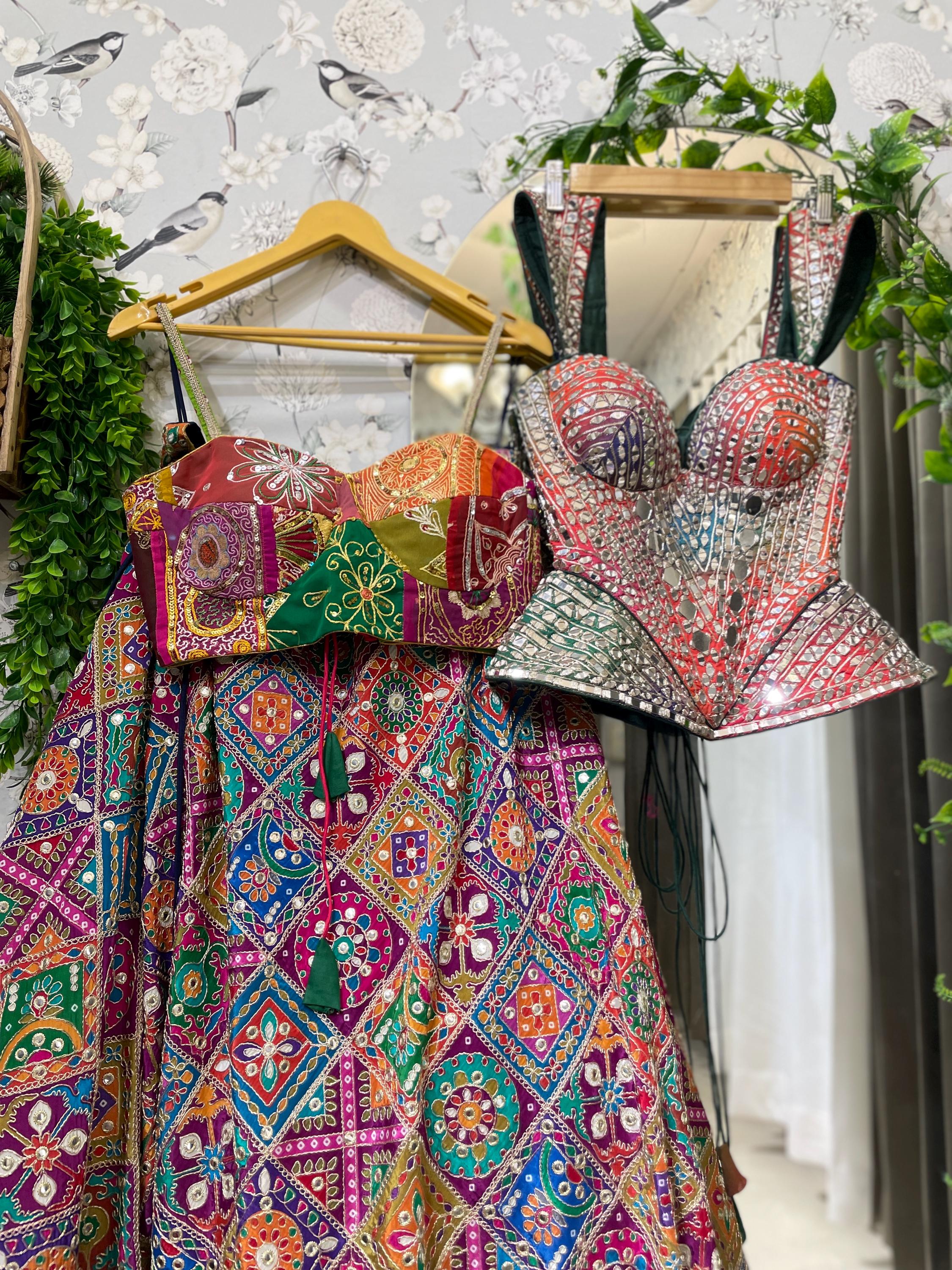 MultiColor Lehenga Choli with Pink Mirror Work Dupatta: Indian Wedding Wear,Gold Mirror Corset