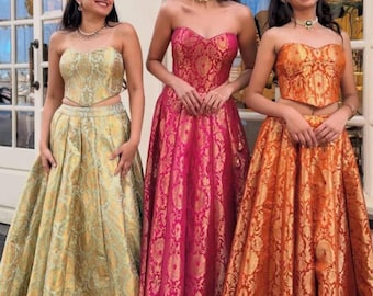 Embroidered Corset Lehenga Choli Set: Rust Orange Indian Bridal Wear