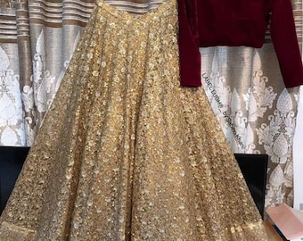 Golden Chikankari Lehenga Choli with Dupatta: Indian Wedding Dress