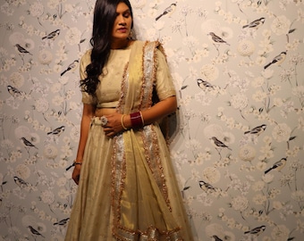 Beige Embroidered Lehenga Choli: Indian Wedding Party Outfit