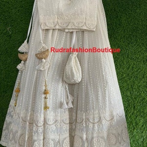 White Thread Embroidered Chikan Lehenga Choli: Custom Stitched Indian Bridal Suit