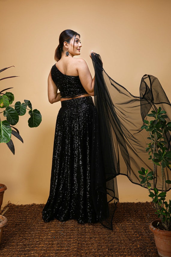 black party dress india Black Sequin Lehenga Choli: Slit Skirt, Indian Wedding Party Wear