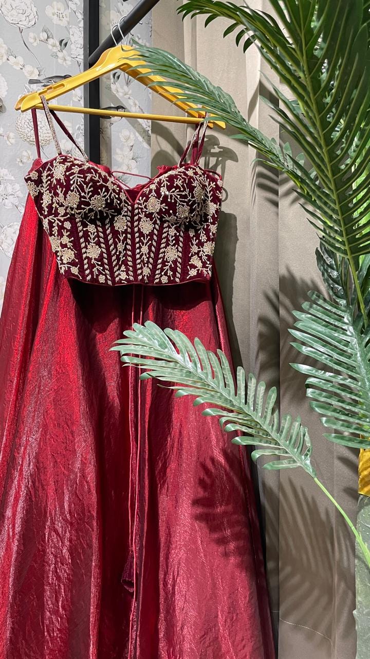 corset dress indian Embroidered Corset Lehenga Choli Set: Maroon Indian Bridal Wear