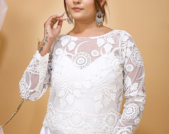 Floral Lace Wedding Dress Topper: Beaded Bridal Top, Long Sleeve Bolero