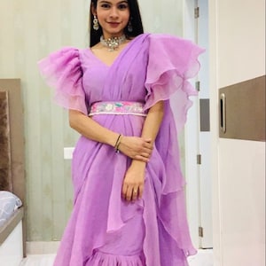 Floral Organza Frill Saree: Lavender Indian Outfit with Silk Top