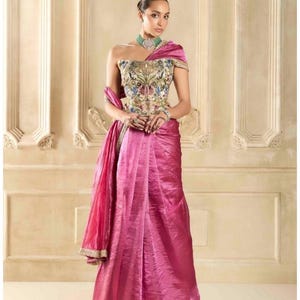 Wine Tissue Silk Saree: Embroidered Blouse, Shimmer Silk