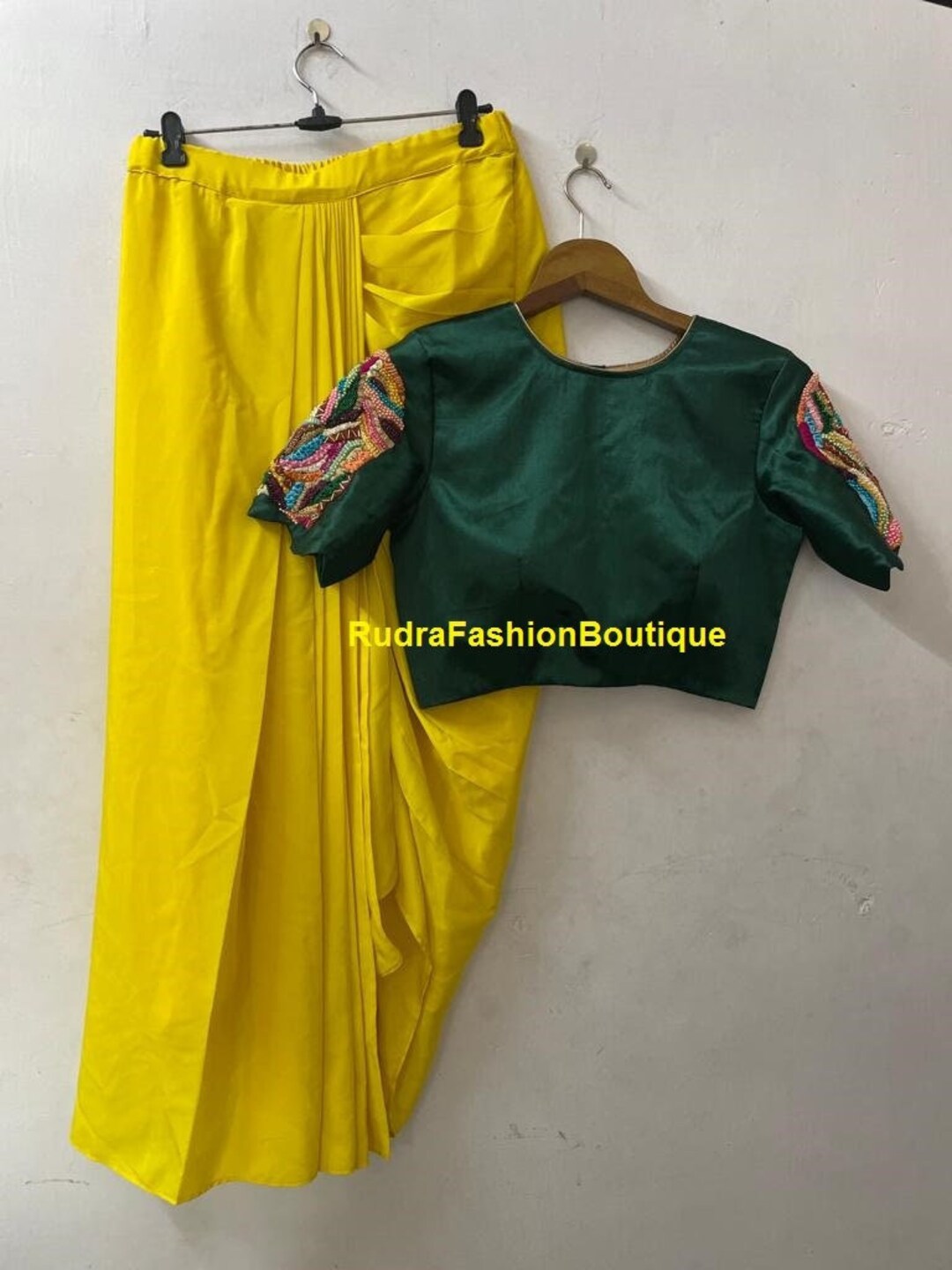 Green Crop Top With Dhoti Pants and Attached Dupatta Set for Women Indo