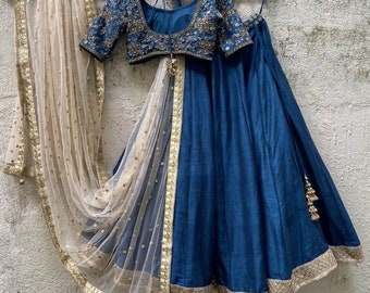 Blue lehenga Custom Stiched Indian Designer white Choli Net Dupatta Women Wedding Party wear Ethnic Dress Made to Measure Lenga Embroidered