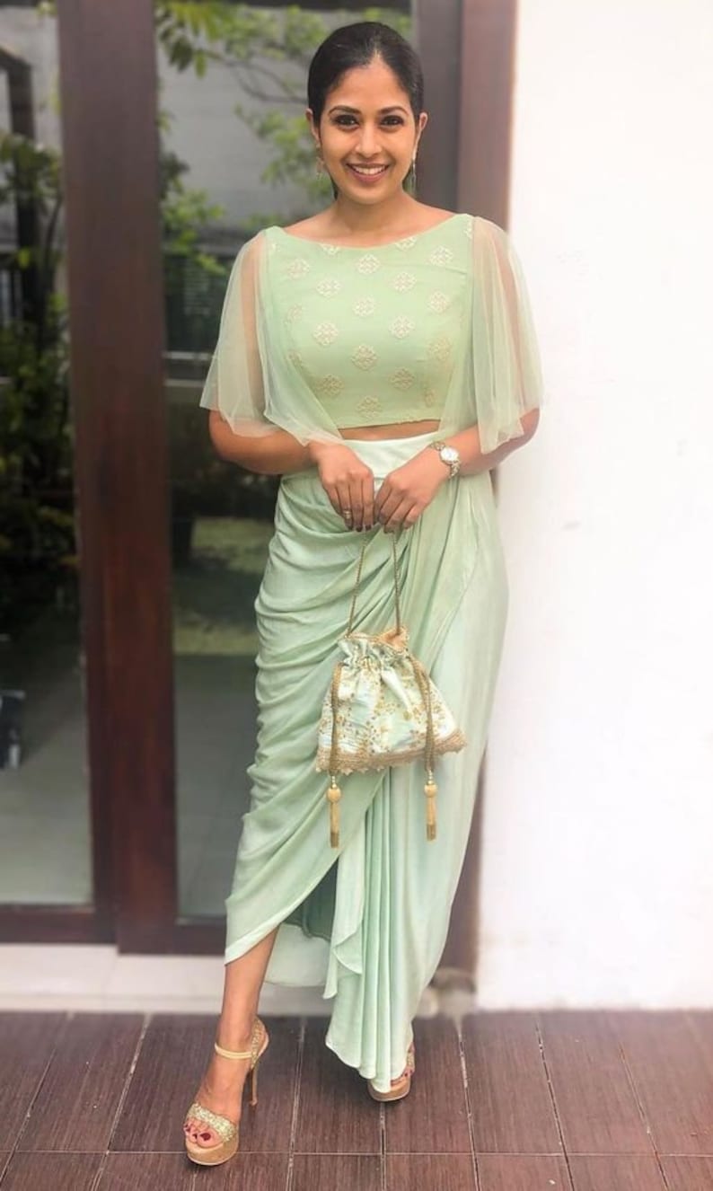 Pastel Crop Top With Dhoti Pants and Attached Dupatta Set for Etsy