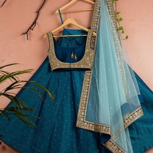 Wedding Party wear Indian Designer Blue Lehenga choli Dupatta for girls and women custom Stiched Lengha blouse Embroidered thread sari set