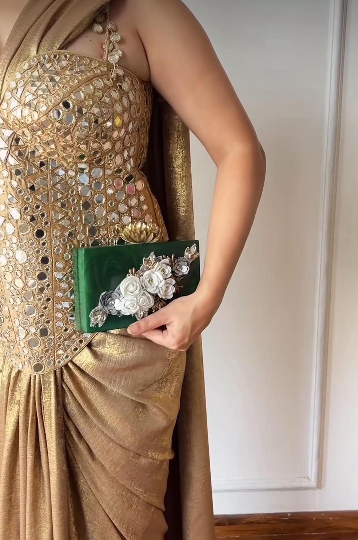 gold saree dress Golden Satin Embroidered Draped Saree Dress 38