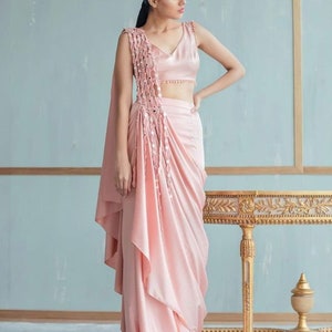 Pink Dhoti Saree Set: Indo Western Crop Top, Dupatta, Mirrorwork