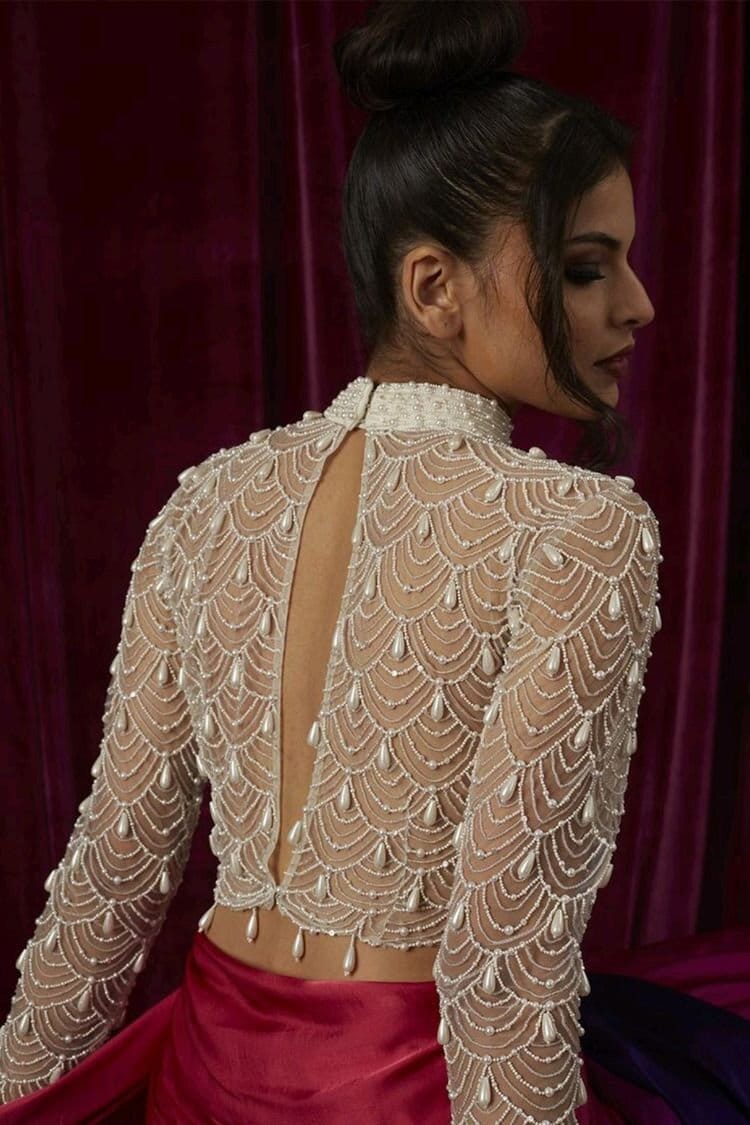 Ivory Beaded Saree Blouse: Bollywood Party Crop Top