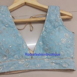Skyblue Saree Blouse: Readymade Party Wear Sari Crop Top