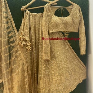 Golden Lehenga Choli with Dupatta: Embroidered Indian Wedding Sari