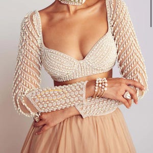 Made to order Indian Designer Ivory Beaded Saree Lehenga Blouse Deep Sweetheart Neck Choli Full Sleeves Crop Top White Beaded blouse 1