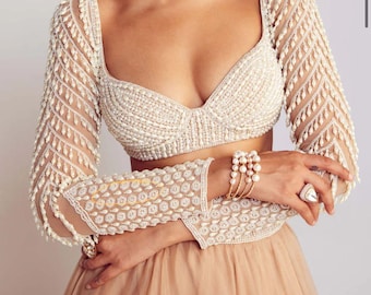 Ivory Beaded Saree Blouse: Indian Designer Lehenga Choli Crop Top