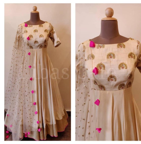 Buy Dull Grey Cotton Blend Printed Hand Worked Designer Gown | Gowns