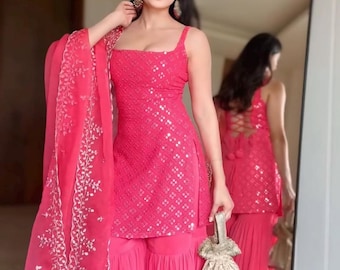 Sequin Embroidered Georgette Sharara Suit: Pakistani Indian Wedding Wear