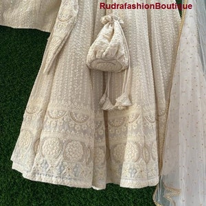 Ivory Lehenga Choli: Indian Embroidered Thread Sari Set