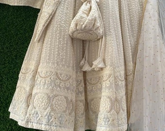 Ivory Lehenga Choli: Indian Embroidered Thread Sari Set